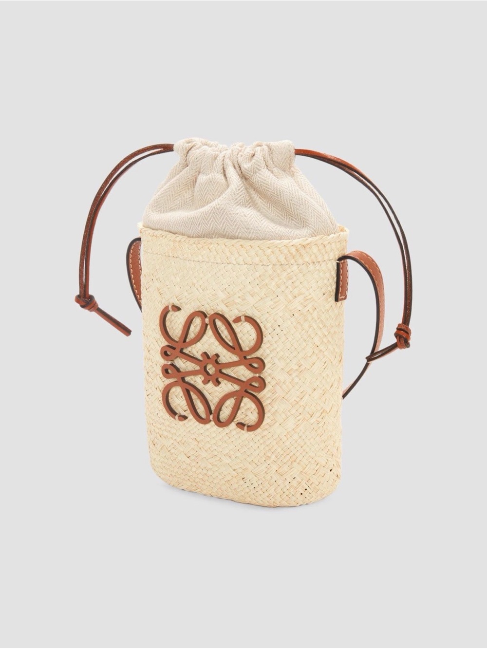 Loewe Straw Drawstring Crossbody with Brown Leather Logo